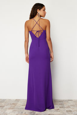 TRENDYOLMILLA Mor S?rt Biye Detayl? Dokuma Uzun S?k Abiye Elbise TPRSS22AE0012  фото 6