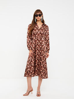 G?mlek Yaka Desenli Uzun Kollu Saten Elbise