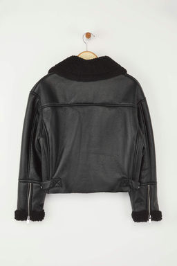 Siyah Regular Kal?p Pelus Detayl? Suni Deri Biker Ceket Mont TWOAW24MO00279