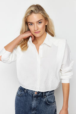 TRENDYOLMILLA Mavi Kollar? Vatkal? Tasl? Crop Dokuma Gomlek TWOSS24GO00041