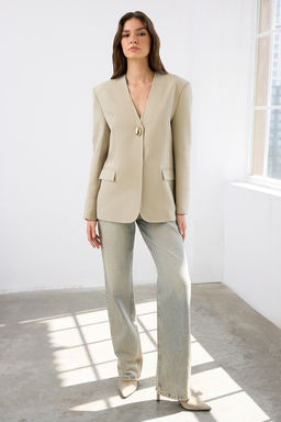 Vizon C?tc?t Kapamal? Regular/Normal Kal?p Yakas?z Dokuma Blazer Ceket TWOAW26BC00030 - Trendyolmilla фото 2