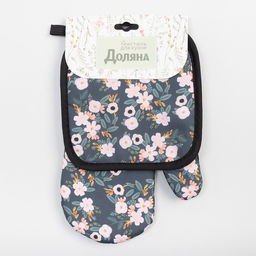 Кухонный набор 2 прихватки Доляна Цветочки , прихватка 17х17 см, варежка 24х18 см, 100% п/э  фото 6