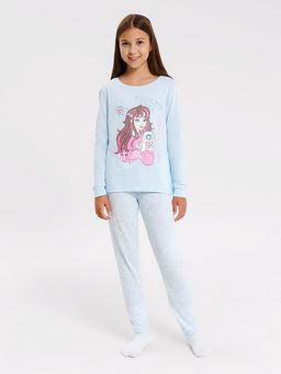 Комплект для девочек (джемпер, брюки) в голубом оттенке с принтом звезды