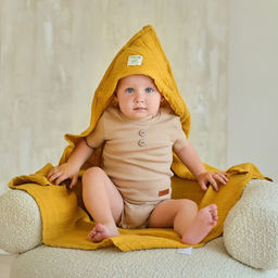 Полотенце уголок муслиновое Крошка Я, 75х75 см, цвет горчичный, 100% хлопок, 3-сл, 180 гр/м2  фото 6