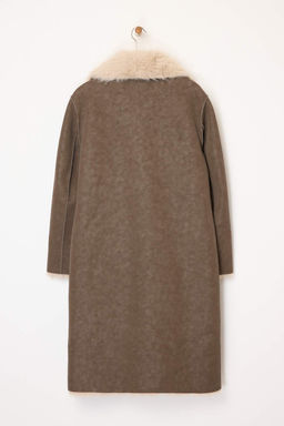 Vizon-Ekru Cift Tarafl? Kurklu Mono Kapama Oversize Uzun Suet Kaban TWOAW26KB00003 - Trendyolmilla фото 2