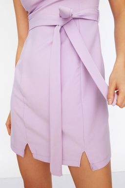 Lila Kusakl? Duz Kesim Y?rtmacl? Kare Yaka Mini Dokuma Elbise TWOSS20EL0977 - Trendyolmilla фото 5