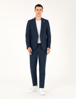 Lacivert Ex. Slim Fit %100 Keten Tak_m Elbise
