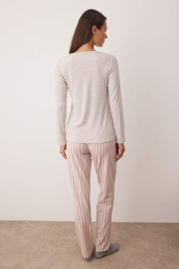 Bej-Pembe Ust Fitilli, Alt Pamuklu Cizgili Orme Pijama Tak?m? THMAW26PT00095 - Trendyolmilla фото 4