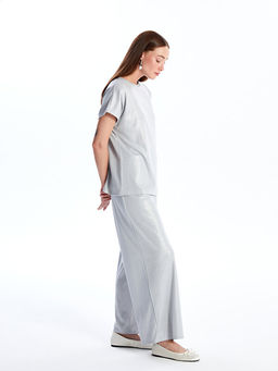 Beli Lastikli D?z Geni? Pa?a Kad?n Metalik Pantolon