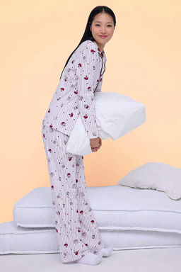 Lila-Cok Renkli %100 Pamuklu Kalpli Eglence Desenli Biyeli Orme Pijama Tak?m? THMAW26PT00039