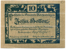 10 геллеров 1920 года Австрия Рейхрейминг (нотгельд)