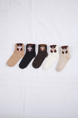 Kahverengi-Cok Renkli 5li Animal Jakar Orme Corap THMSS26CO00015