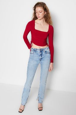 Trendyolmilla Lacivert Kare Yaka Buzgu Detayl? Fitted/Vucuda Oturan Crop Esnek Orme Bluz TWOAW22BZ0263  фото 11