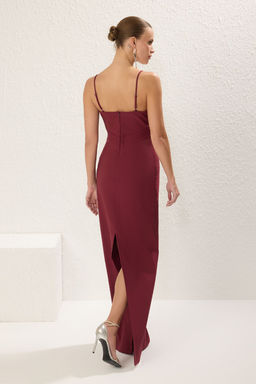 Bordo Straplez Dokuma Uzun S?k Abiye Gece Mezuiyet Elbisesi TPRSS25AE00098