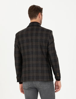 Kahverengi Slim Fit Y_n Ekose Ceket