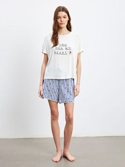 Bisiklet Yaka Bask?l? Kad?n ?ortlu Pijama Tak?m?