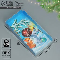 Цена за 5 шт. Коробка для кондитерских изделий новогодняя с пластиковой крышкой «С Новым годом», 10.5×21×3 см