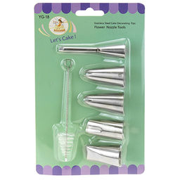 Кондитерский набор 6 предметов Капкейк: насадка из нержавеющей стали для кондитерского мешка закрытые звезды - 2шт, бордюрные - 2шт, д2,5х4,5см; с длинным носиком шприц для начинки д1,8х7,5см - 1шт; ершик 12см, в блистере (Китай)