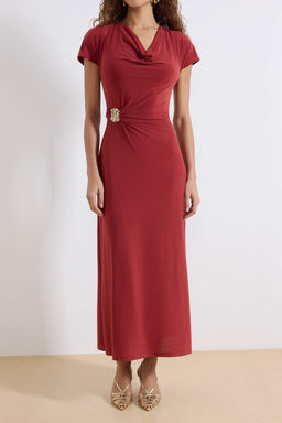 Kiremit A-Kesim/Can Form Degaje Yaka Aksesuar Detayl? Maxi Esnek Orme Elbise TWOSS26EL00106