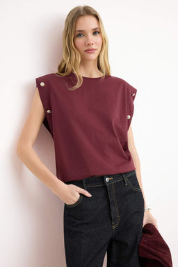 Bordo %100 Pamuk Dugme Detayl? Vatka Gorunumlu Basic Bisiklet Yaka Orme T-Shirt TWOSS23TS00016