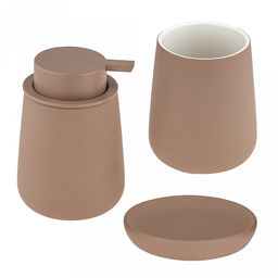 Набор для ванной "Эстетик" 3 предмета: дозатор для мыла 410мл; мыльница 11х8,6х2,2см; стакан для зубных щеток 410мл; фурнитура пластик, керамика, матовая глазурь, мокко, в коробке (Китай)