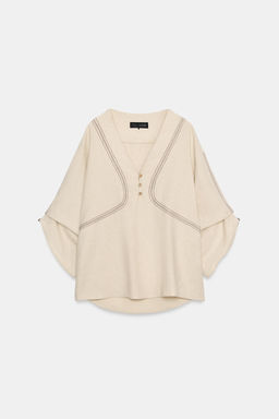 CAMISA OVERSIZE CON LINO PESPUNTES CONTRASTE / Beige claro - Zara фото 6