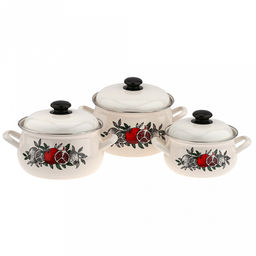 "Цвет граната" Набор эмалированных кастрюль 3 предмета: 2л - д18,5см, h9,8см, 3л - д21см, h12см, 4,5л - д23,5см, h13,2см, s0,8мм, форма грушевидная, двойной слой эмалевого покрытия, металлическая крышка (Россия)