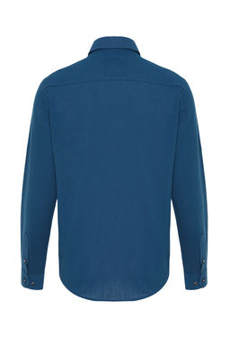 Indigo Dugmeli Yaka Apoletli Slim Fit Uzun Kollu %100 Pamuklu Keten Gorunumlu Gomlek TMNSS20GO0189