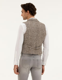 Bej Slim Fit Y_n Kar___ml_ Dokuma Yelek