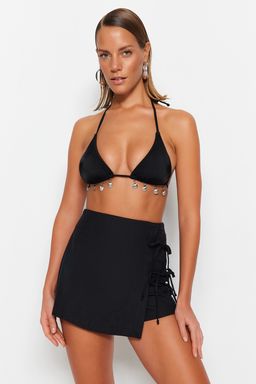 TRENDYOLMILLA Siyah Dokuma Baglamal? Flaml? Pamuk Plaj Sort Etek TBESS23SR00042