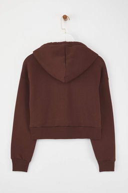 Kahverengi Kal?n Ici Polarl? Kapusonlu Rahat Kesim Crop Basic Orme Sweatshirt TWOAW24SW00105