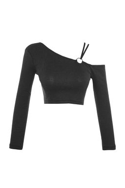 Siyah Aksesuar Detayl? Biyeli Fitted/Vucuda Oturan Crop Fitilli Esnek Orme Bluz TWOAW23BZ00349