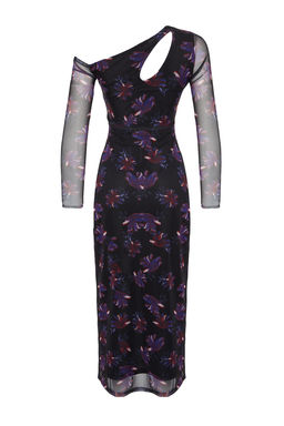 TRENDYOLMILLA Siyah Tul Bask?l? Vucuda Oturan Asimetrik Yaka Astarl? Midi Orme Kalem Esnek Elbise TWOAW24EL00608  фото 8