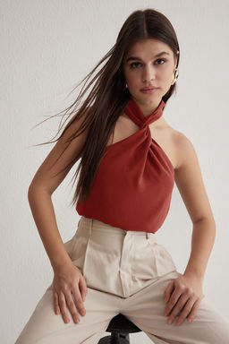 Trendyolmilla Haki Modal Halter Yaka Boyundan Dugumlu Dokuma Bluz TWOSS25BZ00247  фото 6