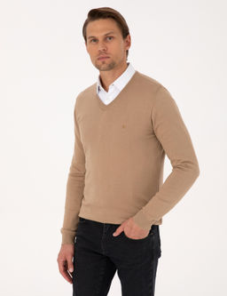 Camel Slim Fit V Yaka Basic Triko Kazak