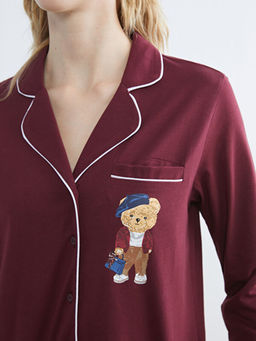 G?mlek Yaka Ay? Teddy Bask?l? Kad?n Pijama Tak?m?