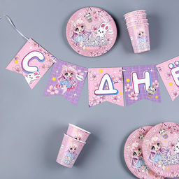 Набор бумажной посуды Аниме, розовый: 6 тарелок, 1 гирлянда, 6 стаканов