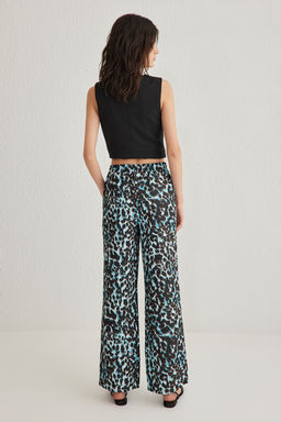 Mavi Beli Lastikli Wide Leg/Genis Paca Leopar Desenli Dokuma Pantolon TWOSS25PL00005
