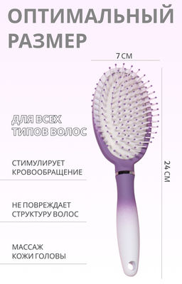 Расчёска массажная, прорезиненная ручка, 7×24 (±1) см, белая, фиолетовая