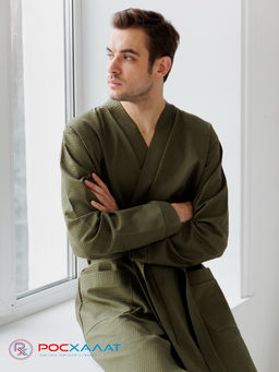 Мужской вафельный халат с планкой хаки В-03 (26)