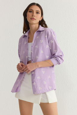 TRENDYOLMILLA Mavi Cizgili Cicek Desenli Pamuklu Oversize Genis Kal?pl Dokuma Gomlek TWOSS23GO00373  фото 14