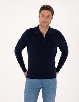 Lacivert Regular Fit Polo Yaka Fermuarl_ Triko Kazak
