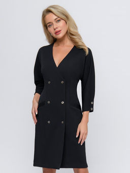 Платье темно-синее с короткими рукавами и воротником-стойкой