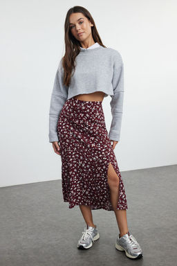 Bordo Y?rtmac Detayl? Cicek Desenli Viskon Kumasl? Midi Dokuma Etek TWOSS20ET0230