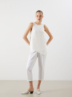 Bisiklet Yaka Keten Kar???ml? Asimetrik Kesim Bluz