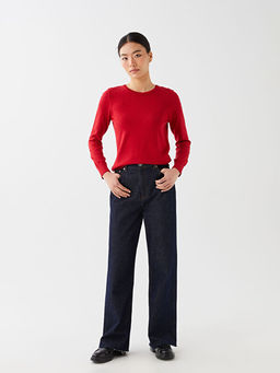 Bisiklet Yaka Kendinden Desenli Uzun Kollu Kad?n Triko Kazak