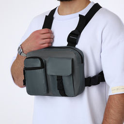 Сумка нагрудная на молнии, 2 наружных кармана, 21×3.5×16 см, серая