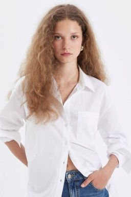 Oversize Genis Kal?p Basic Duz Dugmeli Poplin Uzun Kollu Gomlek