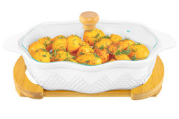 Блюдо д/зап и серв 32*20*14 см 1,5 л Ромбики ажур. + стекл крышка, на дер подставке