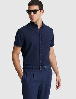 Lacivert Keten Kar___ml_ Regular Fit K_sa Kollu G_mlek